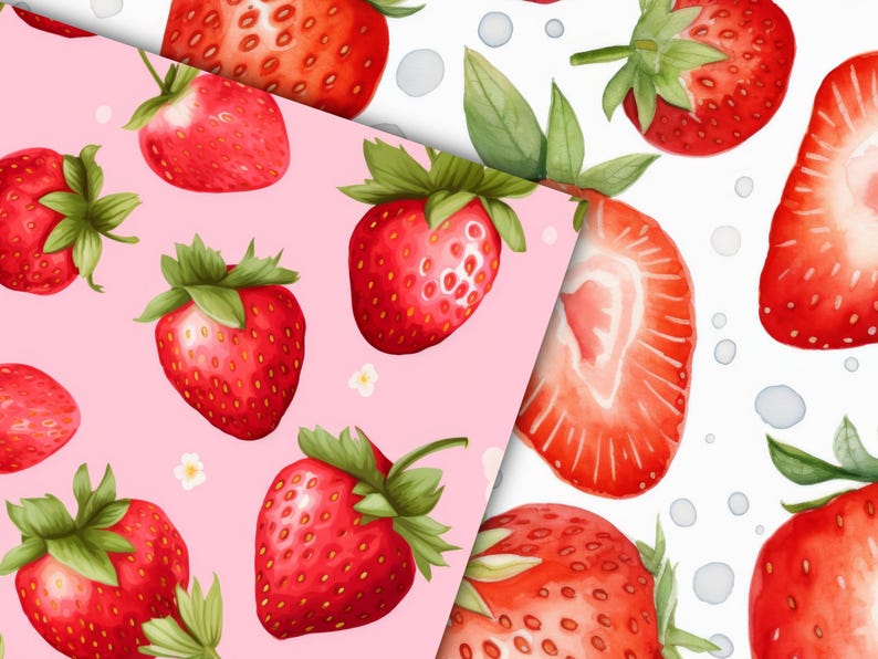Puede incluir: Dos patrones sin costuras con fresas rojas sobre un fondo rosa y blanco. Las fresas est&aacute;n dibujadas en estilo acuarela con hojas verdes.