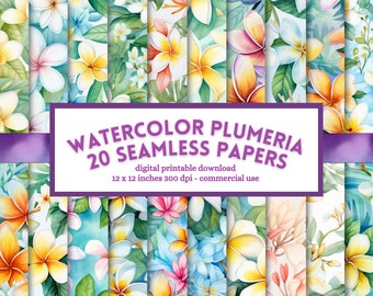 May include: 20 digital papers featuring watercolor illustrations of white, pink, and yellow plumeria flowers with green leaves. The papers are 12 inches by 12 inches and 300 dpi.  Watercolor Plumeria 20 Seamless Papers - digital printable download - 12 x 12 inches 300 dpi - commercial use