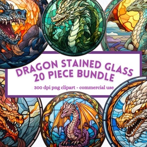 Dragon Stained Glass Circle Clipart, Transparent PNG Bundle, Junk journal art, Digital Download, Commercial and Personal Use, Dragon Art
