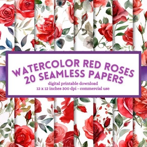 Watercolor Red Roses Digital Paper: Seamless Scrapbook Pattern (Digital Download)
