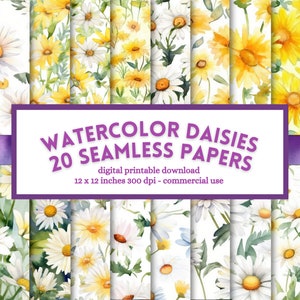 Papel digital Watercolor Daisies, álbum de recortes com padrão de flor de margarida sem costura, páginas de diário de lixo imprimíveis, download instantâneo para uso comercial
