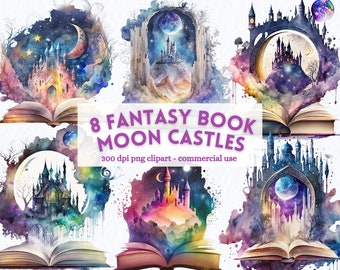 May include: Eight watercolor illustrations of fantasy castles emerging from open books. Each castle is surrounded by a moon and stars, with a galaxy background. The text "8 FANTASY BOOK MOON CASTLES" is displayed in purple text.