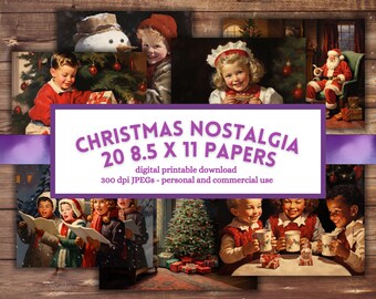Puede incluir: Un conjunto de 20 papeles digitales imprimibles de Navidad con ilustraciones vintage de niños, muñecos de nieve, Papá Noel y árboles de Navidad. Los papeles miden 21,6 cm por 27,9 cm y tienen una resolución de 300 dpi.