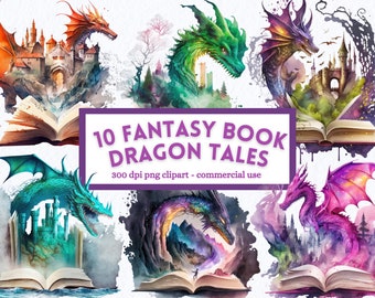 Watercolor Fantasy Book Dragon Clipart, magical PNG Bundle, Instant Digital Download, Sublimation, Commercial Use, junk journal, scrapbook