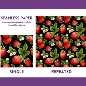 Puede incluir: Un patr&oacute;n sin costuras que presenta fresas rojas con hojas verdes y flores blancas sobre un fondo negro. El patr&oacute;n se muestra como una sola baldosa y luego se repite para mostrar c&oacute;mo se puede usar para crear un dise&ntilde;o m&aacute;s grande.