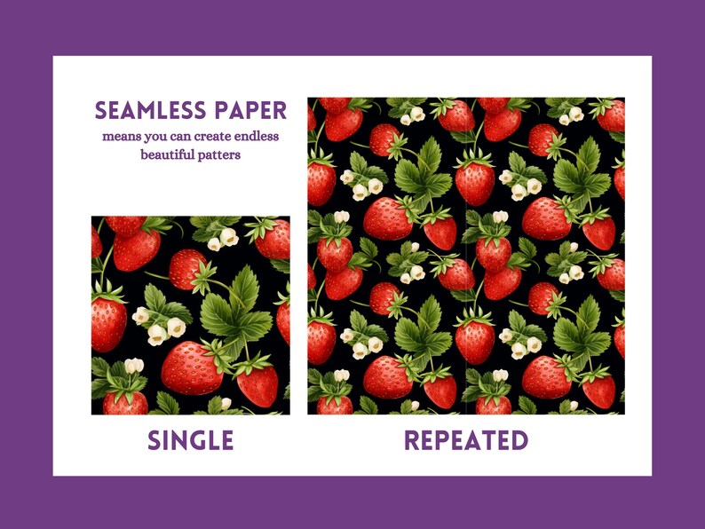 Puede incluir: Un patr&oacute;n sin costuras que presenta fresas rojas con hojas verdes y flores blancas sobre un fondo negro. El patr&oacute;n se muestra como una sola baldosa y luego se repite para mostrar c&oacute;mo se puede usar para crear un dise&ntilde;o m&aacute;s grande.