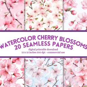 Watercolor Cherry Blossom Digital Paper: Seamless Floral Patterns (Digital Download)