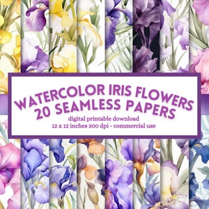 Iris Flowers Digital Paper, peinture à l&#39;aquarelle, motif floral sans soudure, pages de journal indésirable imprimables, téléchargement instantané pour un usage commercial