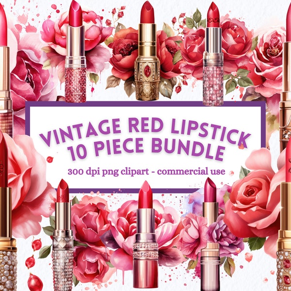 Watercolor Vintage Lipstick PNG Clipart Bundle, Red Makeup Rose clip art, Junk journal, Instant Digital Download, Commercial Use, Cosmetics