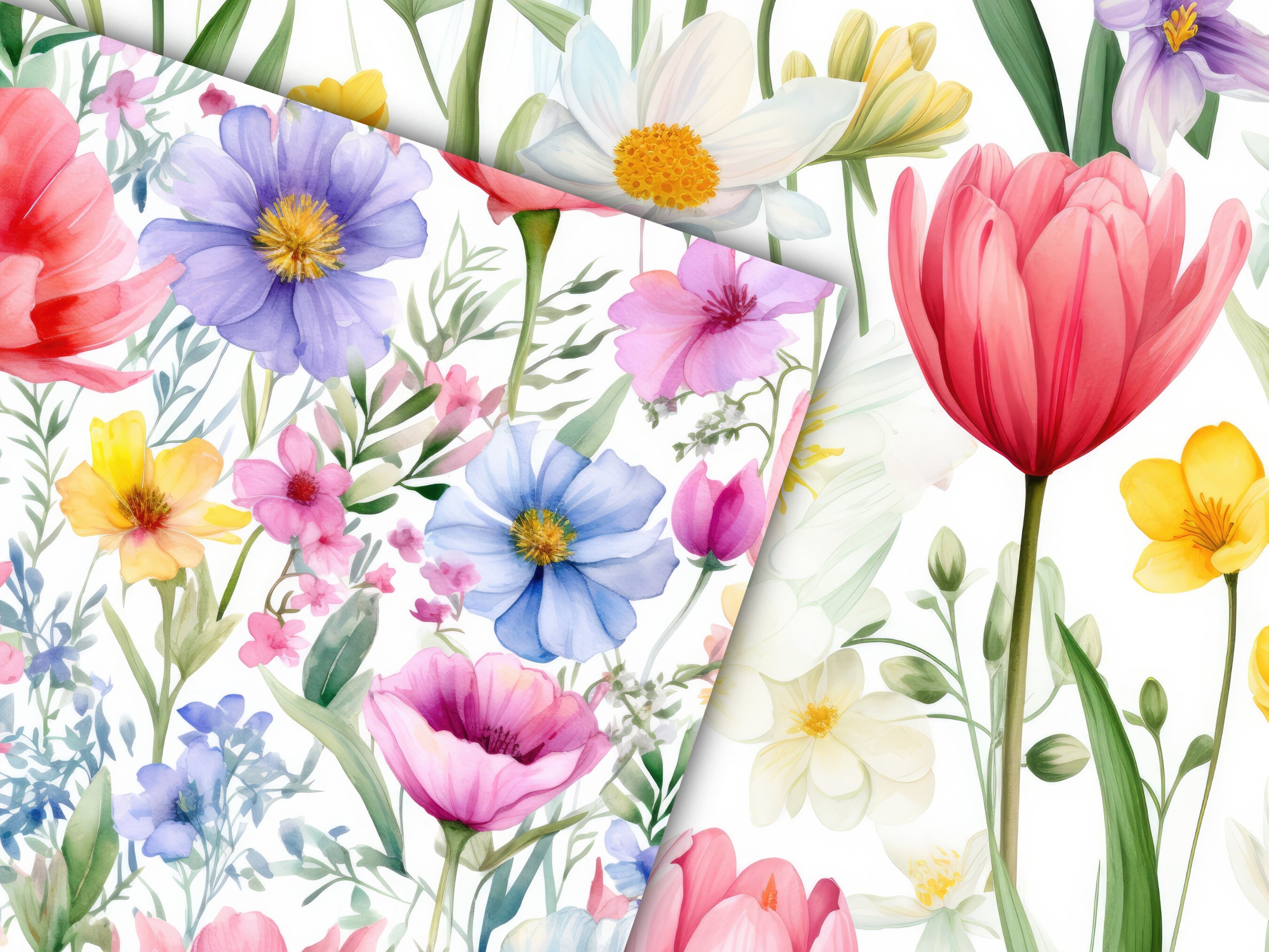 Watercolor Spring Flowers Digital Paper: Seamless Floral Patterns ...
