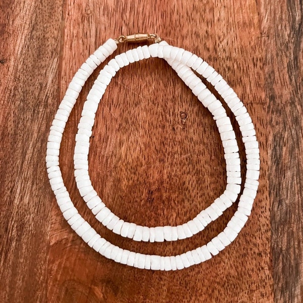 White Puka Shell Necklace | Round Hawaiian Shell Beach Surfer Necklace | Puka Shell Choker Necklace