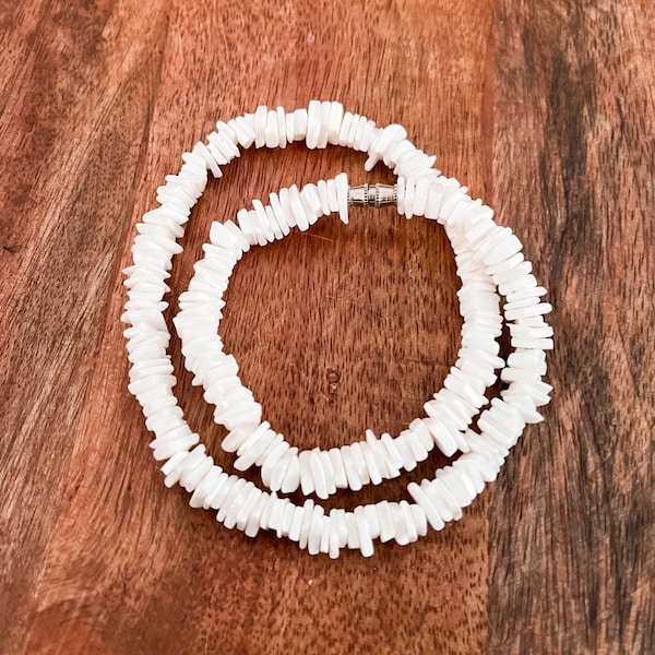 Puka Shell White Square Cut Chip Necklace | Choker | Hawaiian Shell Beach Surfer Necklace