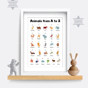 Póster A4 de arte de pared para niños, decoración de arte para guardería de bebés, póster de pared para niños, póster del alfabeto de aprendizaje, póster de animales