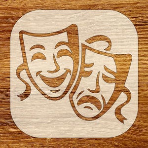 Plantilla de silueta de máscaras de teatro de comedia y tragedia, descarga digital SVG, DXF, STL, PNG, PDF, archivos