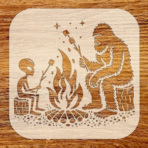 Bigfoot Alien Campfire Stencil, Digital Download, SVG, DXF, Stl, Png, Pdf Files