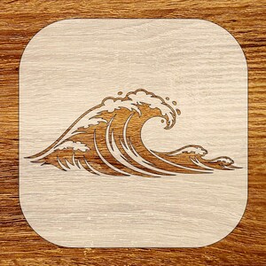 May include: A square wooden coaster with rounded corners. The coaster features a detailed, etched design of a wave in shades of brown. The wave is depicted cresting and breaking, with intricate lines representing the water's movement.