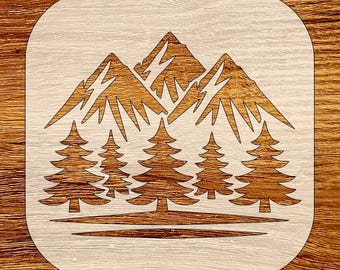 Montagnes et pins au pochoir, téléchargement numérique, SVG, DXF, Stl, Png, fichiers Pdf