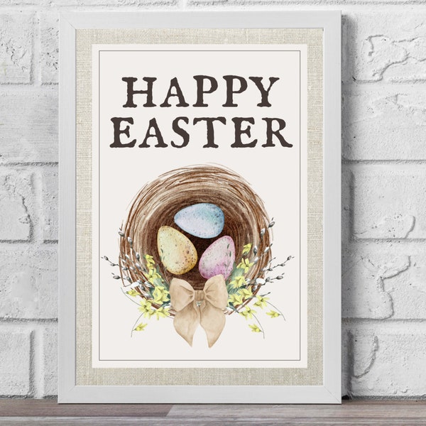 Happy Easter Vintage Aesthetic Pastel Eggs Bird’s Nest Wreath Print, Vintage Decor Spring Easter Quote Printable, Neutral Farmhouse Art
