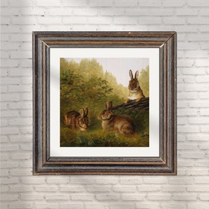 Rabbits And Clover Vintage Antique Reproduction Oil Painting Instant Digital Download Print, Spring New Life Nature Landscape Printable Art