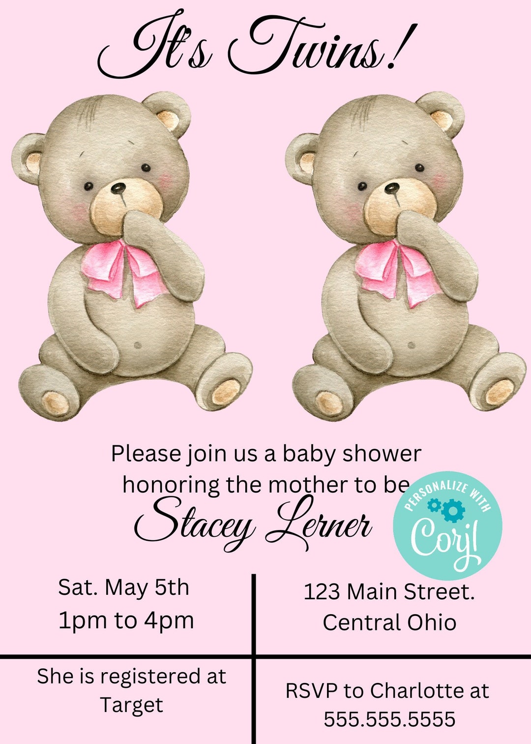 Editable/printable It's Twins! (girls) Baby Shower Invitation Template - Etsy