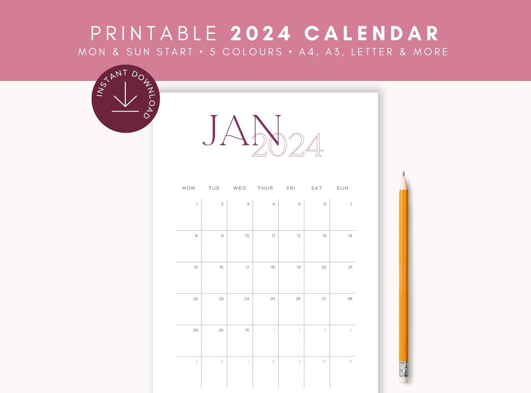 PRINTABLE 2024 PORTRAIT CALENDAR Retro Design Mon & Sun Start 5 Colours