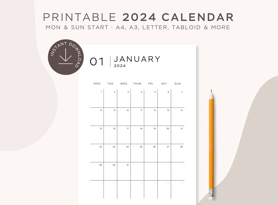 PRINTABLE 2024 PORTRAIT CALENDAR Modern Design Mon & Sun Etsy