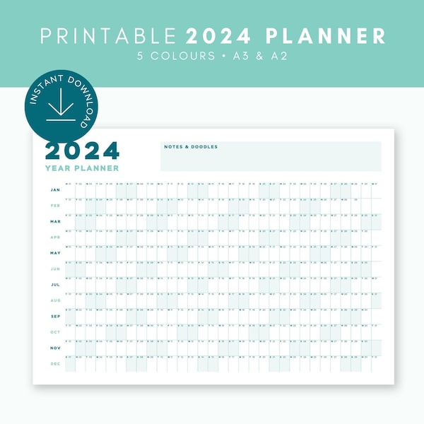 PRINTABLE 2024 YEAR PLANNER | Year at a Glance Wall Calendar | Bold Design | Landscape | 5 Colours | A3 & A2 | Direct Download