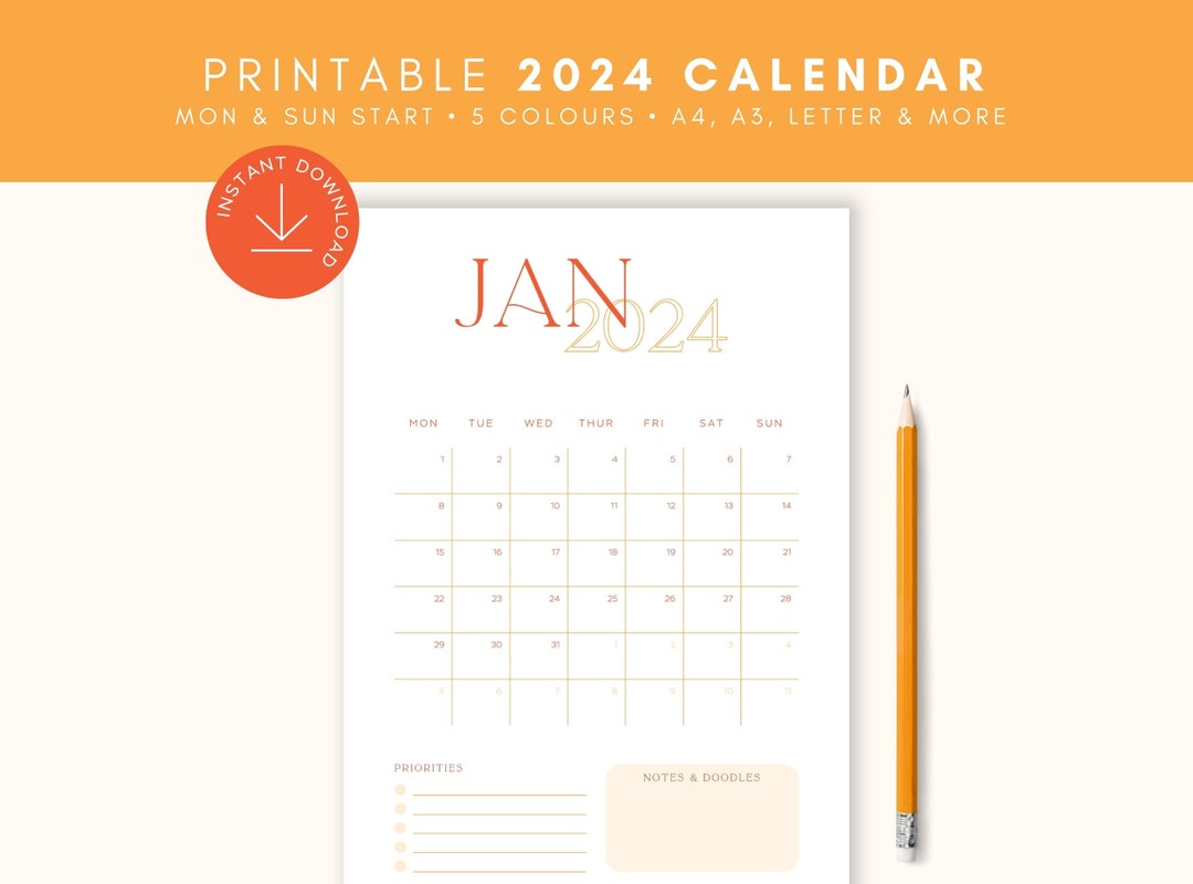 PRINTABLE 2024 PORTRAIT CALENDAR Retro Design W/ Note & Etsy