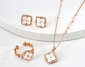 Perlmutt Blumen Schmuck Set, Sterling Silber CZ Halskette Ohrringe Ring