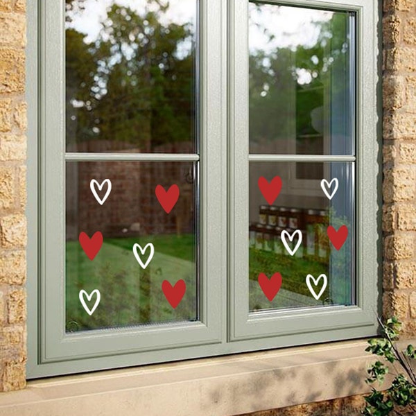 Set of 26 Whimsical Red or White Heart Window Stickers, white static cling vinyl or red self-adhesive vinyl (M, L, XL and Jumbo)