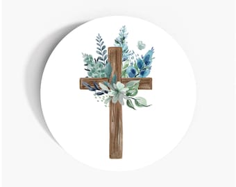 Easter Cross Watercolor Greenery Stickers: Craft Decor Labels (37mm)