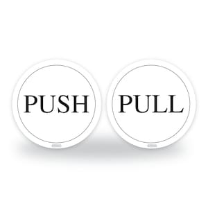 Może przedstawiać: Dwa białe okrągłe znaki z czarnym tekstem. Znak po lewej stronie mówi "PUSH", a znak po prawej stronie mówi "PULL".