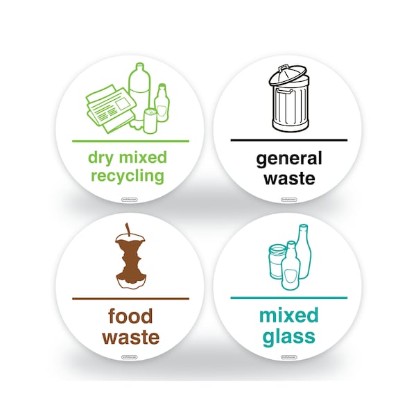 Wheelie Bin Recycle Stickers, 95mm Waterproof Stickers, General Waste, Food Waste, Mixed Recycling, Mixed Glass