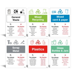 Adesivi per il riciclaggio, cartelli impermeabili da 95 mm, rifiuti generici, rifiuti alimentari, riciclaggio misto, cartelli per vetro misto, plastica, rottami metallici