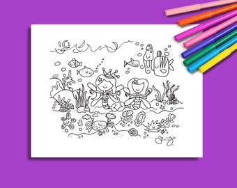 Digital Download Sweet Little Mermaid Friends Coloring Page