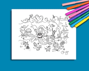 Digital Download Mermaid and Friends Coloring Page