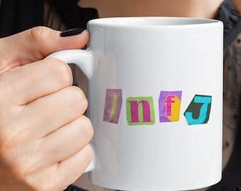 INFJ | MBTI | Counsellor Present | Myers Briggs Personality Type | 16 Personalities | Retro Mug | Vibrant scanned cutout letters | Advocate