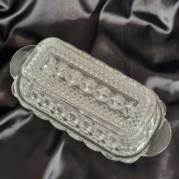 Vintage Clear Glass Anchor Hocking Wexford Diamond Pattern Butter Dish w/Lid
