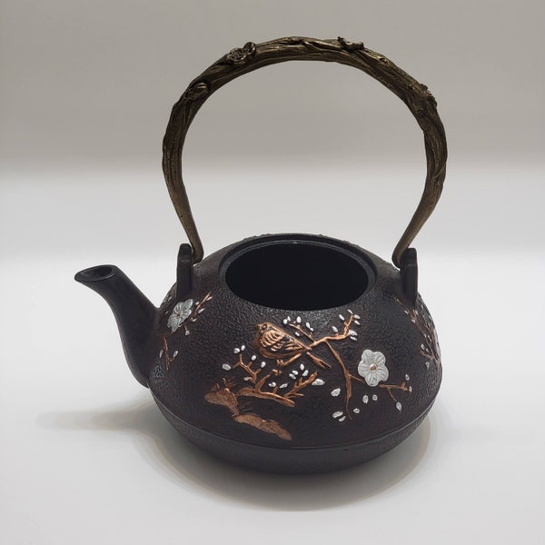 Japanese Cast Iron Kettle Teapot Tetsubin Plum and Bird Design No Lid or Infuser. Pre Owned