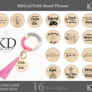 Paquete de 16 frases bíblicas/religiosas/basadas en la fe para pulseras disco de madera SVG y PDF archivo DIGITAL listo para láser