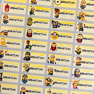 72/144 Etiquetas adesivas com nomes dos Minions, etiquetas com nomes para crianças, etiquetas com nomes para escola, etiquetas com nomes para garrafas