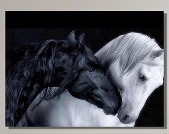 Black and White horse canvas wall art , Noble horses canvas painting , Pair Horses Canvas, Horse canvas poster,ready to hang canvas print