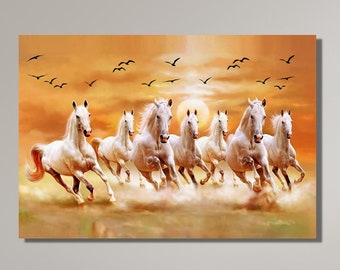 7 Running Horses and Birds Flying Canvas Wall Art,Horse Wall Art -  Home Decor- Colourful Poster Canvas Print Art Decor Home