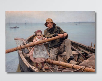 The Helping Hand by Émile Renouf Poster Canvas,Emile Renouf Helping Hand 1881 Print Art,Vintage Poster Art, Old Fisherman Helping Young Girl