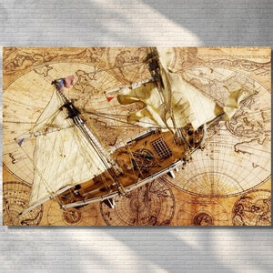 Mapa starego świata na płótnie-Landkarte mit Modelbauschiff canvas-Schatzkarte stara mapa świata na płótnie-Vintage antyczna mapa świata na płótnie Wall Ar