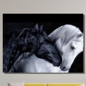 Schwarz-Weiß-Pferd Leinwand Wandkunst, edle Pferde Leinwand Malerei, Paar Pferde Leinwand, Pferd Leinwand Poster, fertig zum Aufhängen Leinwanddruck