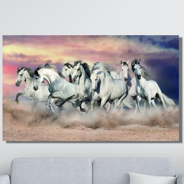 7 Running White Horses Canvas Wall Art, Running Horses Wall Art, Poster, Print, Home Decor, Colorful Print Canvas Print Art Decor Home