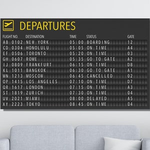 Partenze Arte murale, Decorazione murale da viaggio, Tela di partenza dell'aeroporto, Decorazione murale dell'aeroporto, Stampa per camera da letto, Tela enorme, Poster alla moda, Tela grande