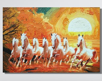 7 Running White Horses Painted with Oil Paints Canvas Wall Art, 7 Running Horses Painted in Oil  Canvas Poster Print Home Decor