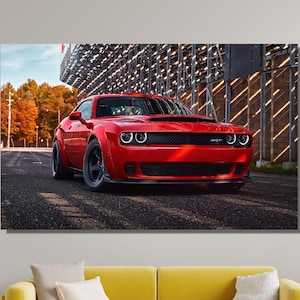 Dodge Challenger Hellcat Poster, Dodge Challenger Canvas Wall Art Print, Car Poster Gift, Home Decor, Framed Option